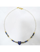 Collier Lapis-Lazuli Cœur Perles Eau Douce  Insert Plaqué or 40 cm