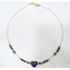 Collier Lapis-Lazuli Cœur Perles Eau Douce  Insert Plaqué or 40 cm
