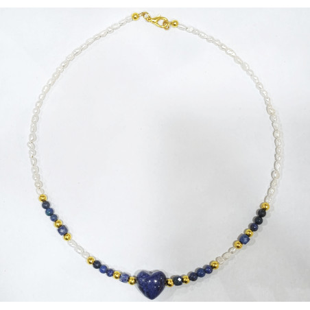 Collier Lapis-Lazuli Cœur Perles Eau Douce Insert Plaqué or 40 cm