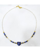 Collier Lapis-Lazuli Cœur Perles Eau Douce  Insert Plaqué or 40 cm