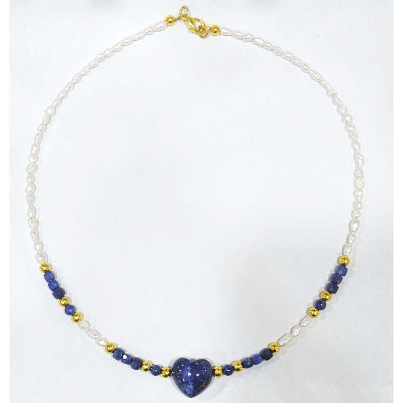 Collier Lapis-Lazuli Cœur Perles Eau Douce  Insert Plaqué or 40 cm