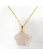 Pendentif Quartz Rose Fleur avec Chaîne Acier Inox Plaqué Or 44 cm + 6 cm