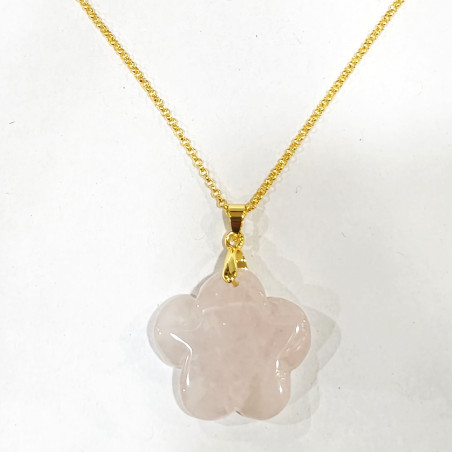 Pendentif Quartz Rose Fleur avec Chaîne Acier Inox Plaqué Or 44 cm + 6 cm