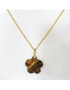 Pendentif Œil de Tigre Fleur avec Chaîne Acier Inox Plaqué Or 44 cm + 6 cm