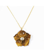 Pendentif Œil de Tigre Fleur et Zirconium avec Chaîne Acier Inox Plaqué Or 44 cm + 6 cm