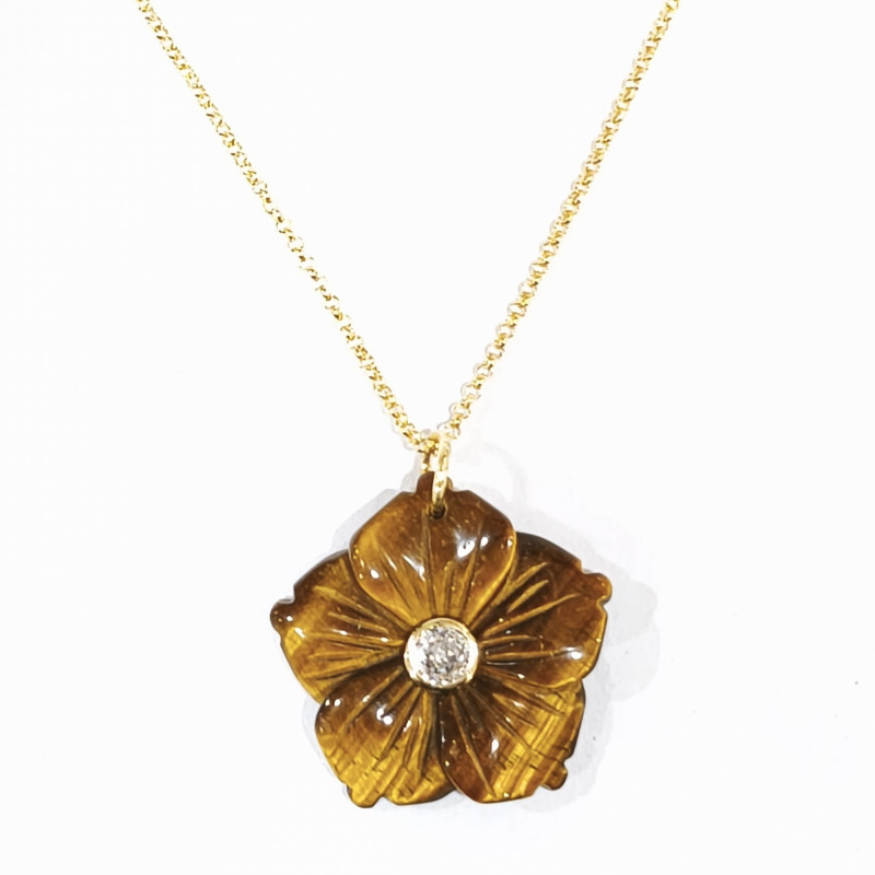 Pendentif Œil de Tigre Fleur et Zirconium avec Chaîne Acier Inox Plaqué Or 44 cm + 6 cm