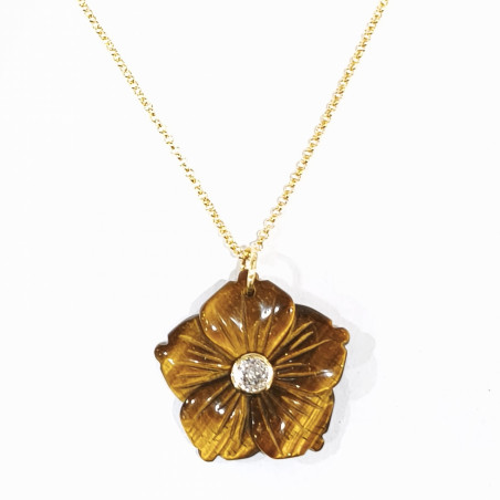 Pendentif Œil de Tigre Fleur et Zirconium avec Chaîne Acier Inox Plaqué Or 44 cm + 6 cm