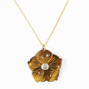 Pendentif Œil de Tigre Fleur et Zirconium avec Chaîne Acier Inox Plaqué Or 44 cm + 6 cm