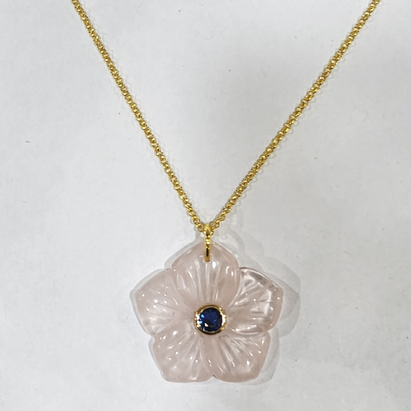 Pendentif Quartz Rose Fleur et Lapis-Lazuli avec Chaîne Acier Inox Plaqué Or 44 cm + 6 cm
