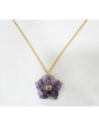 Pendentif Améthyste Fleur et Tourmaline Rose avec Chaîne Acier Inox Plaqué Or 44 cm + 6 cm