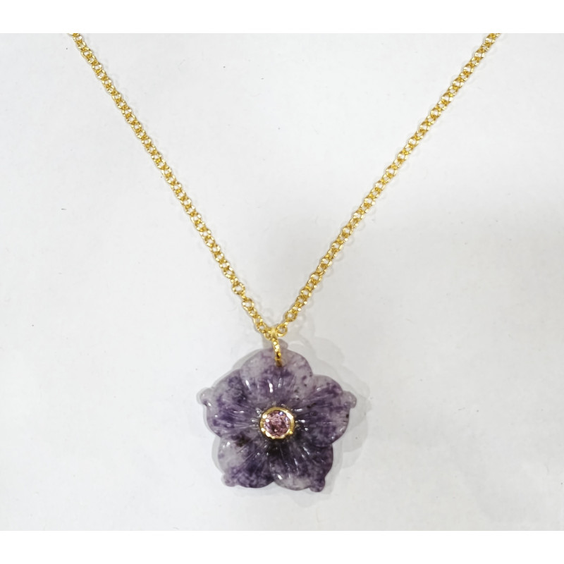 Pendentif Améthyste Fleur et Tourmaline Rose avec Chaîne Acier Inox Plaqué Or 44 cm + 6 cm