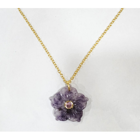 Pendentif Améthyste Fleur et Tourmaline Rose avec Chaîne Acier Inox Plaqué Or 44 cm + 6 cm