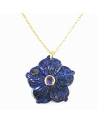 Pendentif Lapis-lazuli Fleur et Améthyste avec Chaîne Acier Inox Plaqué Or 44 cm + 6 cm