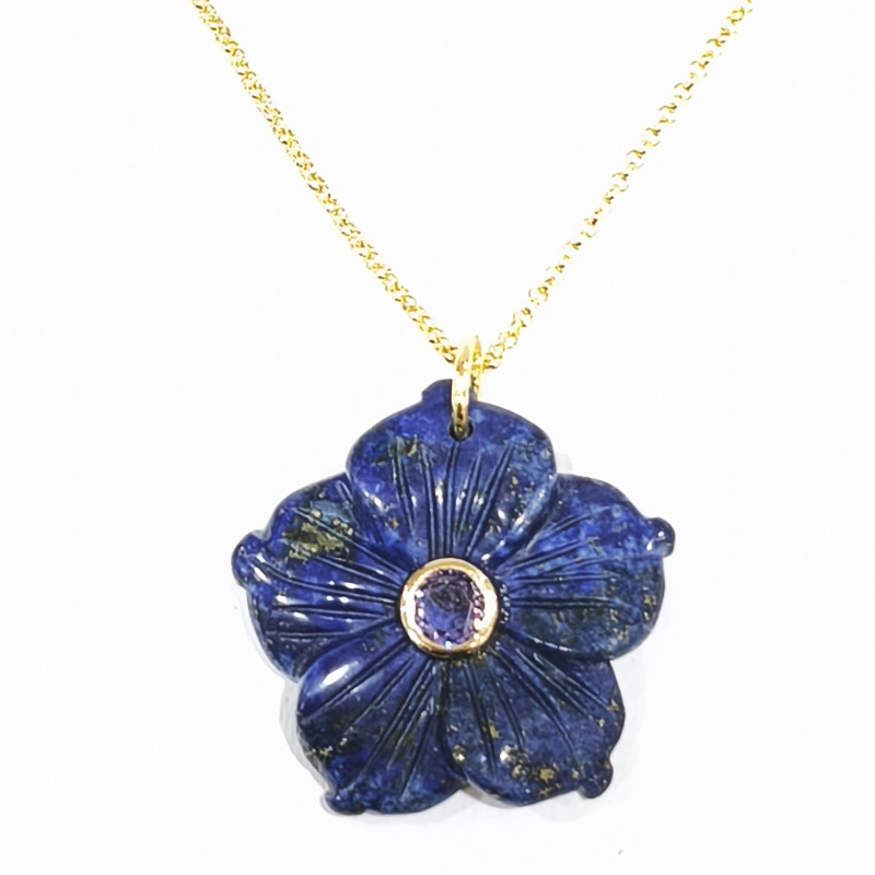 Pendentif Lapis-lazuli Fleur et Améthyste avec Chaîne Acier Inox Plaqué Or 44 cm + 6 cm
