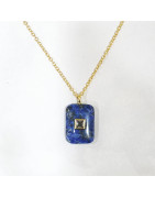 Pendentif Lapis-Lazuli et Tourmaline Rectangle avec Chaîne Acier Inox Plaqué Or 44 cm + 6 cm