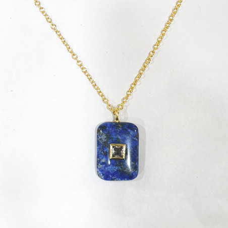 Pendentif Lapis-Lazuli et Tourmaline Rectangle avec Chaîne Acier Inox Plaqué Or 44 cm + 6 cm