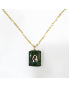 Pendentif Malachite et Améthyste Rectangle avec Chaîne Acier Inox Plaqué Or 44 cm + 6 cm
