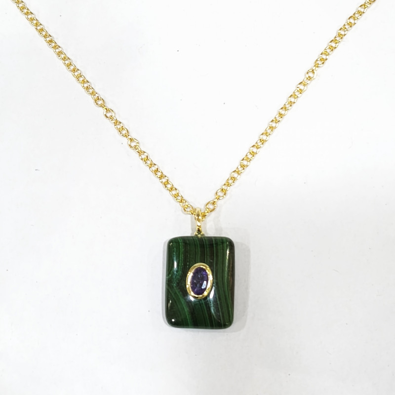 Pendentif Malachite et Améthyste Rectangle avec Chaîne Acier Inox Plaqué Or 44 cm + 6 cm