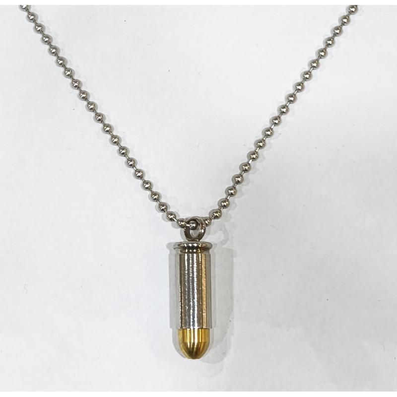 Pendentif Balle de Revolver 9mm Tête Dévissable avec Chaîne Acier Inox 50 cm