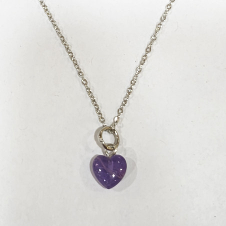 Pendentif Améthyste Cœur avec Chaîne Acier Inox 44 cm