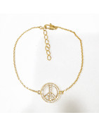 Bracelet Zirconium Peace and Love Acier Inox Plaqué or 14 + 3 cm
