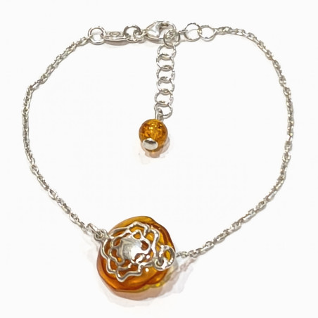 Bracelet Ambre Baltique Fleur Argent 925 avec Fermoir 18 + 3 cm