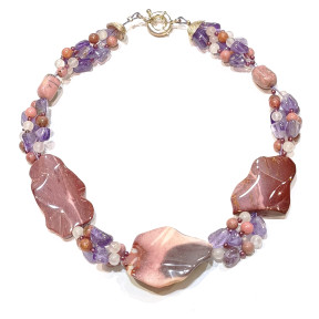 Collier Jaspe Mokaïte Améthyste Rhodonite Rhodochrosite Quartz Rose 42 cm avec Insert et fermoir Argent 925