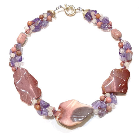 Collier Jaspe Mokaïte Améthyste Rhodonite Rhodochrosite Quartz Rose 42 cm avec Insert et fermoir Argent 925