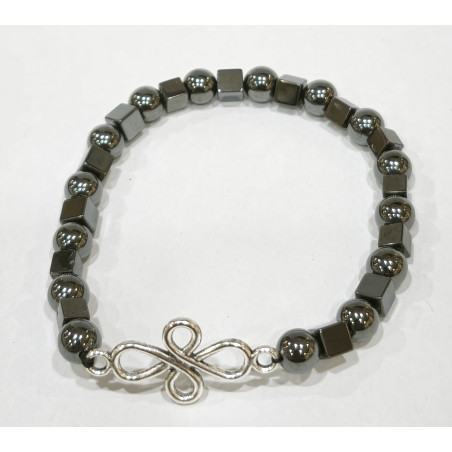 Bracelet Hématite Petits Cubes et Pierres Rondes 6 mm avec Nœud de Sorcière