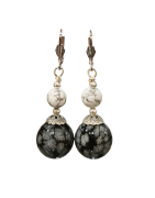Boucles Obsidienne Neigeuse et Howlite Pierres Rondes Acier Inox