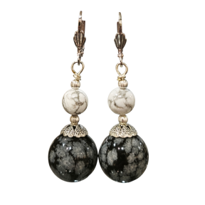 Boucles Obsidienne Neigeuse et Howlite Pierres Rondes Acier Inox