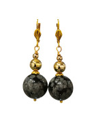 Boucles Obsidienne Neigeuse et Howlite Pierres Rondes Acier Inox Plaqué Or
