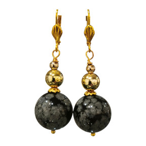 Boucles Obsidienne Neigeuse et Howlite Pierres Rondes Acier Inox Plaqué Or