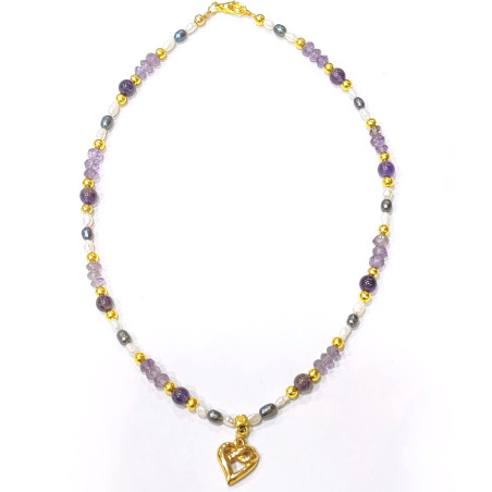 Collier Améthyste Facettée et Pierres Rondes Perles d'Eau Douce Grain de Riz  Blanches et Grise avec Cœur Découpé Plaqué Or