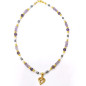 Collier Améthyste Facettée et Pierres Rondes Perles d'Eau Douce Grain de Riz  Blanches et Grise avec Cœur Découpé Plaqué Or
