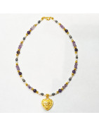 Collier Améthyste Facettée et Pierres Rondes Perles d'Eau Douce Grain de Riz  Blanches et Grise avec Cœur Plein Plaqué Or