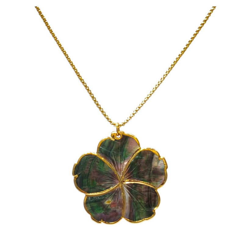 Pendentif Nacre Fleur et Chaîne Plaquées Or 60 cm