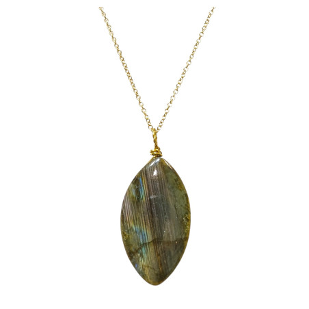 Pendentif Labradorite Navette avec Chaîne Plaquée Or 70 + 4 cm