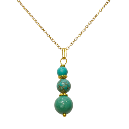 Pendentif Turquoise Trois Pierres Rondes avec Chaîne Plaquée Or 52 cm