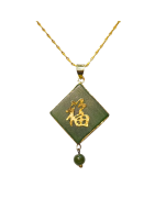 Pendentif Jade Losange Signe Chinois avec Chaîne Plaquée Or 50 cm