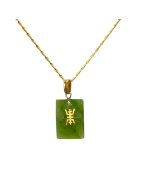 Pendentif Jade Plaque rectangulaire Signe Chinois avec Chaîne Plaquée Or 50 cm