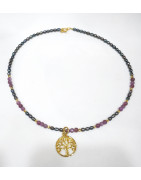 Collier Rubis Etoilé Perles Grains de Riz Grises Arbre de Vie Plaqué Or
