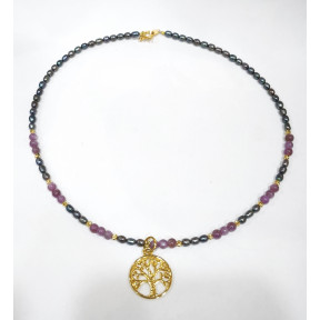 Collier Rubis Etoilé Perles Grains de Riz Grises Arbre de Vie Plaqué Or