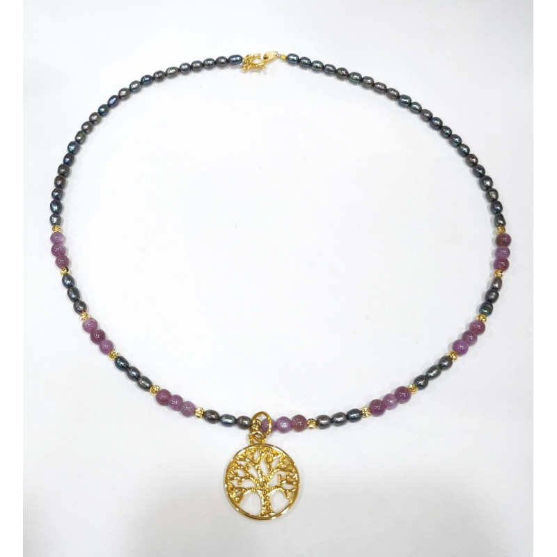 Collier Rubis Etoilé Perles Grains de Riz Grises Arbre de Vie Plaqué Or