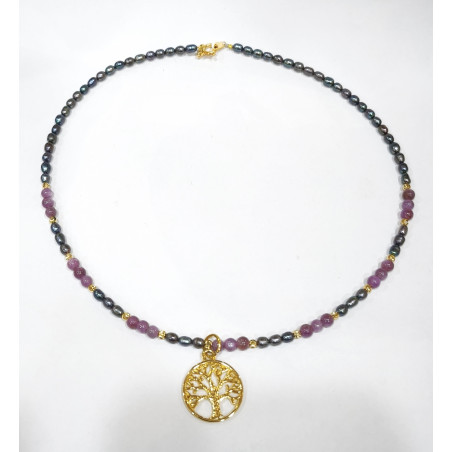 Collier Rubis Etoilé Perles Grains de Riz Grises Arbre de Vie Plaqué Or