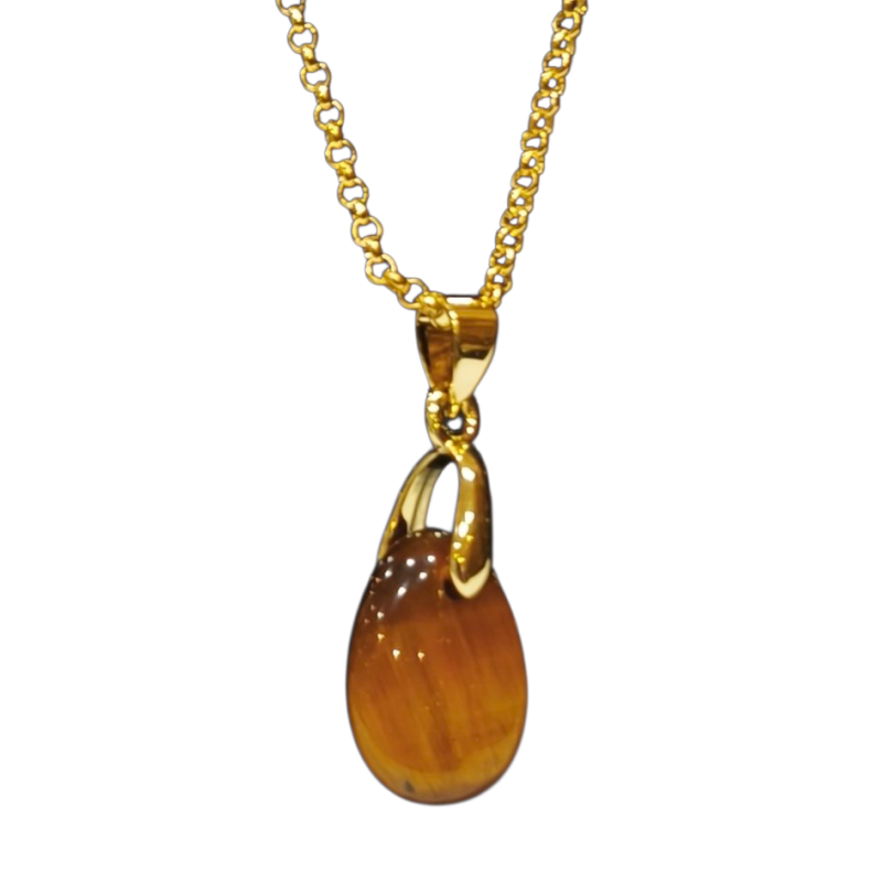 Pendentif Œil de Tigre avec Chaîne Plaquée or 44 + 6 cm