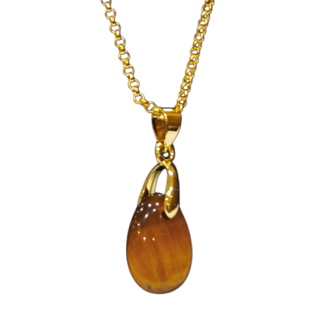 Pendentif Œil de Tigre avec Chaîne Plaquée or 44 + 6 cm