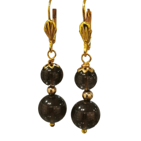 Boucles Quartz Fumé Pierres Rondes Plaquées or