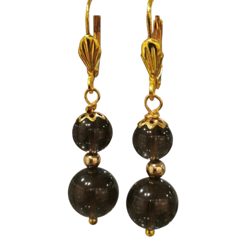 Boucles Quartz Fumé Pierres Rondes Plaquées or