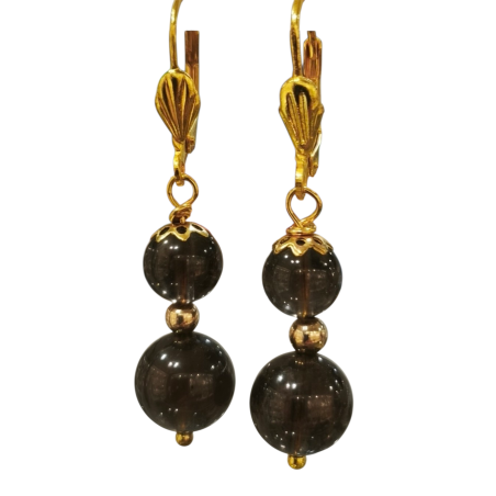 Boucles Quartz Fumé Pierres Rondes Plaquées or
